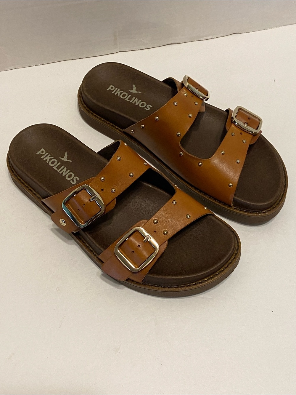 Pikolinos Aitana Brandy leather flat sandals, buckle rivet detail Size 7.5 / 8 - Picture 2 of 13